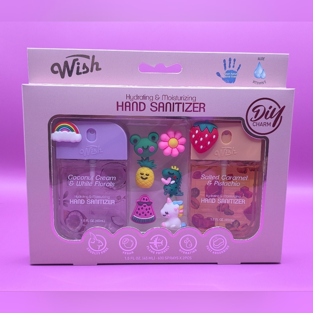 Wish Hand Sanitizer with Purple and White Packaging